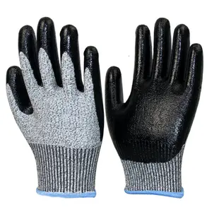 大抓地力EN388 4544标准13G HPPE黑色微泡沫腈plaam涂层5级工作安全防切割手套