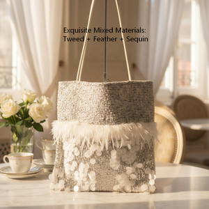 Luxury White Tweed Open Tote <strong>Bag</strong> Ostrich Feather Trim Large Sequin Patchwork Handbag Wedding Bridal Gift Party Custom Logo - Product Image 6