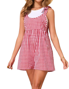 <b>Women's</b> Red White Gingham Checkered Sleeveless <b>Overall</b> Dress High Waist Loose Fit Casual Spring Summer Above Knee Style - Product Image 1