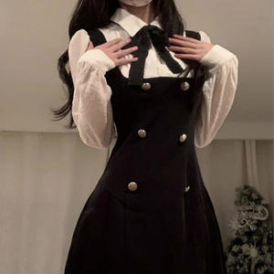 Chubby Korean Fashion Women's Elegant Casual Wear <strong>Black</strong> <strong>Pinafore</strong> <strong>Dress</strong> White Long Sleeve Button Sweet <strong>Dress</strong> - Product Image 2