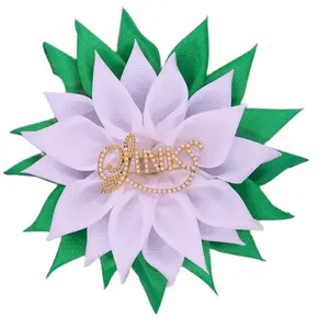 Fashion corsage green with white satin ribbon flower brooch handmade LINKS sisterhood sorority brooch pin jewelry