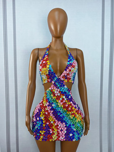 Robe mini licou personnalisée Ocstrade, entièrement ornée de strass arc-en-ciel, avec décolleté plongeant et découpes à la taille, style moulant, pour scène, chanteuse, performance en boîte de nuit - Product Image 3