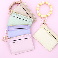Dompet Kartu Kulit Kecil Sederhana dan Bergaya, Dompet Wanita, Gelang Manik Silikon, Gantungan Kunci