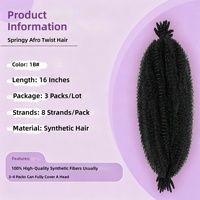 Lot de 3x mèches Afro Twist 16'' pour tressage, petites boucles africaines, en fibre haute température, volumineuses, aspect naturel, style Hip-hop