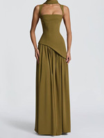 Robe de soirée plissée fendue à bretelles, coupe ample, dos nu, motif uni, longueur ras du sol, collection Printemps-Été