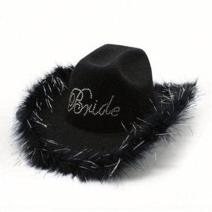 Chapeaux de cowboy en feutre polycoton en gros, en stock, blancs, pour mariage, avec bordure en plumes brillantes, chapeaux Fedora de cowboy - Product Image 3