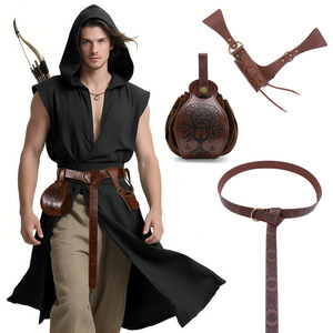 Ensemble de costumes médiévaux Renaissance pour hommes - 4 pièces : Surchemise sans manches à capuche style Viking, tenue de cosplay pour foires Renaissance et Halloween - Product Image 1