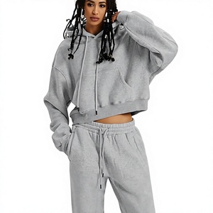 Conjunto de Sudadera y Pantalones de Chándal para Mujer, 2 Piezas, Gris Jaspeado, Sudadera Corta con Capucha y Pantalones de Felpa, Conjunto Coordinado para Descansar, Proveedor Mayorista, MOQ Bajo - Product Image 3