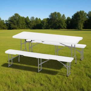 Table de pique-nique pliante portable avec bancs, 1,8 m, cadre en aluminium et plastique blanc, pour camping, salle de sport, barbecue, utilisation extérieure, design à chevrons - Product Image 2