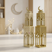 Décoration de maison pour le Ramadan 2027, lanternes marocaines en métal à 2 niveaux dorées et beiges avec une croissant de lune