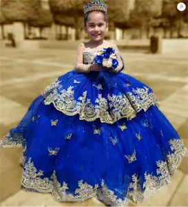 Kraliyet mavi altın aplike çiçek kız elbise akşam özel günler için balo düğün çocuk giysileri - Product Image 2