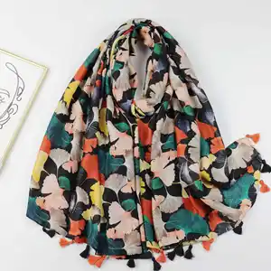Spring summer colorful Ginkgo printed scarf Rich printed long scarf Travel beach Vacation Sun protection breathable cape