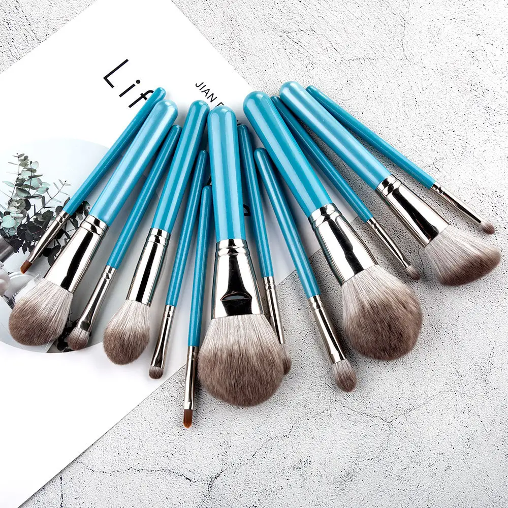 Drop Shipping High Quality Low MOQ 13pcs Private Label Blue Makeup Brush Set Wooden Handle Fiber Hair