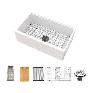 Fregadero de cocina de porcelana de 33 pulgadas, blanco, de arcilla refractaria, con frente de delantal acanalado estilo granja, de un solo tazón, hecho <span class=keywords><strong>a</strong></span> mano, moderno - Product Image 3