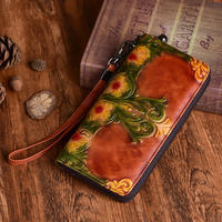 Dompet Wanita Andong Kulit Sapi Asli Vintage Embossed Long Clutch Purse Tas Ponsel Kulit Sapi Asli