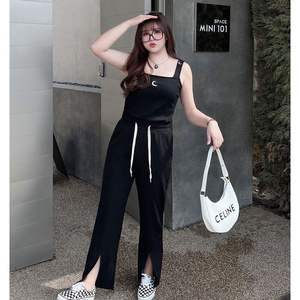 กางเกงขายาวทรงหลวมเอวสูงสำหรับผู้หญิงไซส์ใหญ่ มีเชือกผูก ปรับได้ มีรอยผ่า ปลายขาแบบยาวถึงพื้น สีดำ - Product Image 5