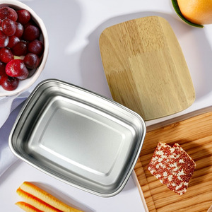 304 Stainless Steel Lunch Box Rectangular Wooden Lid Food <b>Storage</b> <b>Container</b> For Students And Adults - Product Image 3