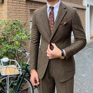 Costume en <span class=keywords><strong>laine</strong></span> à chevrons italien vintage trois pièces pour homme, <span class=keywords><strong>veste</strong></span> à col en V à simple boutonnage avec pantalon, taille adulte pour l'automne et l'hiver - Product Image 4