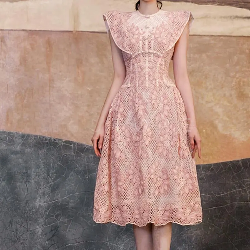 OUDINA Fashionable Niche Summer Lace Stitching Sweet Pink Dress Vintage Crochet Dress