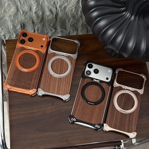 Advanced Walnut Wood Back Panel Magnetic Case for iPhone 18 17 15 16 Pro Max With 360° <b>Ring</b> Stand Aluminum Alloy Frameless Cover - Product Image 2