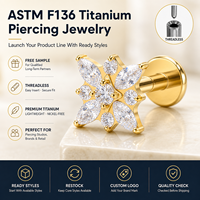 JiaXin ASTM-F136 G23 Titane Clou de lobe sans filetage à dos plat, style Medusa, pour Tragus et Lobe, avec incrustation de zircon en forme de fleur, 16G