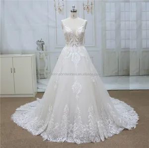 सुरुचिपूर्ण शास्त्रीय वी आकार neckline ब्राइडल गाउन शादी की पोशाक जन्मदिन सूट