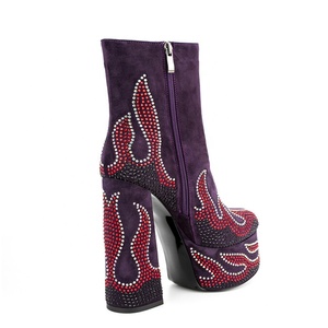 Diamonds Fire Patchwork <b>Round</b> <b>Toe</b> Women Platform Short Boots Side Zipper Women Suede Ankle Booties High Chunky <b>Heels</b> Shoes - Product Image 4