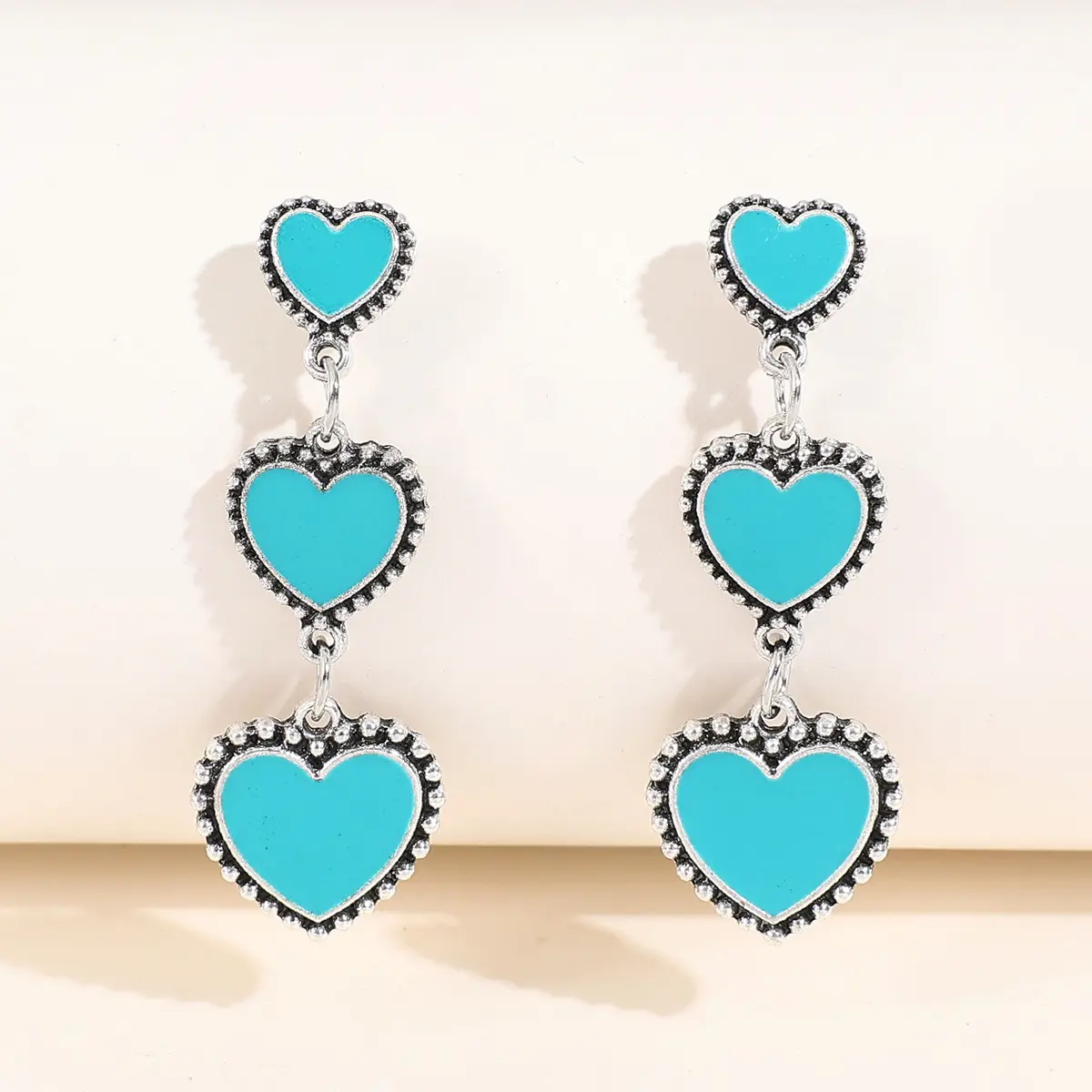 Vintage Alloy Turquoise Love Pendant Long Earrings Valentines Day Heart Jewelry For Women Cute Girl