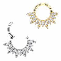 Anneau clicker pour septum en titane ASTM F136 G23 plaqué or 18 carats avec zircone cubique taille Asscher, double usage pour piercing nez et oreille, bijou corporel