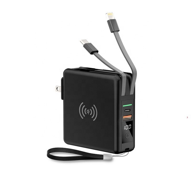 5 in 1 Super Charger 6 PD 18W Wall Charger 10,000mah Wireless Power Bank with Built-in Cables LED Display for Mobile Phone