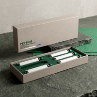 Boîte rigide personnalisée carrée avec couvercle et base blanches pour 5 flacons de peptides, en carton gris, avec éponge pour soins personnels et impression offset