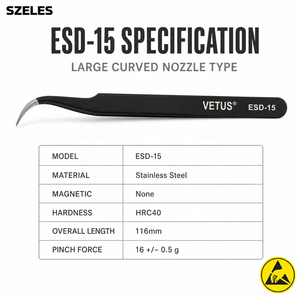 Pinzas Antiestáticas ESD Vetus ESD-10 11 12 13 14 15 16 17 Negras, Pinzas de Acero Inoxidable con Punta Segura para Reparaciones - Product Image 2