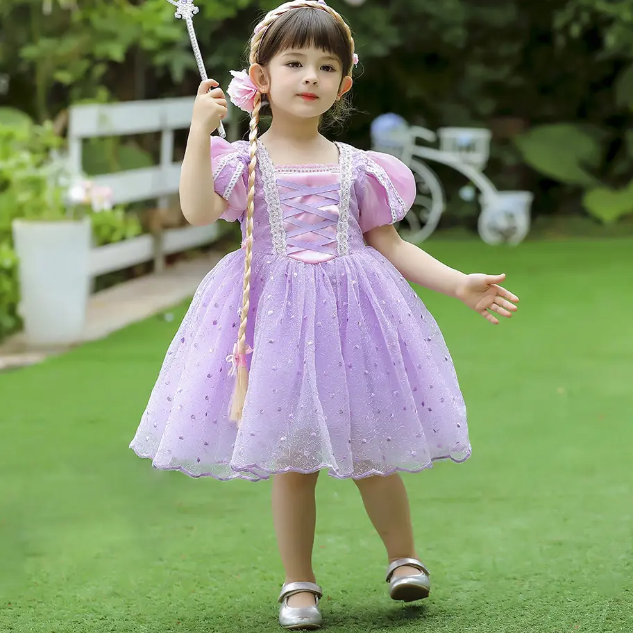 Gaun Pesta Renda Ungu Lengan Puff Renda Kualitas Tinggi Pakaian Anak-anak Gaun Cos Putri Anak Perempuan