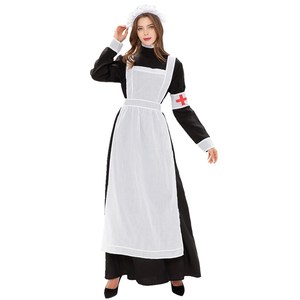 Disfraz de enfermera para mujer, vestido de cosplay de Halloween, manga larga negra con delantal y sombrero, uniforme sexy - Product Image 4