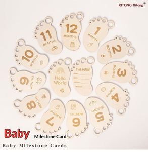 Tarjetas de hitos para bebés con huellas grabadas a láser, marcadores mensuales de madera únicos, set de regalo estético para recién nacidos - Product Image 2