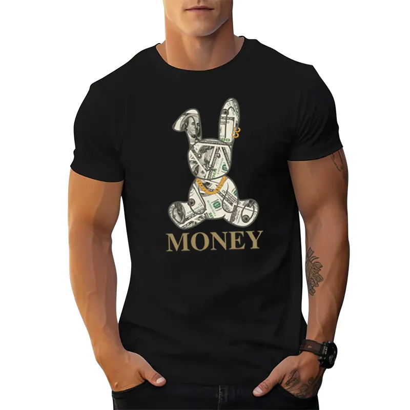 Новый дизайн, американский стиль, деньги, кролик, графические футболки с принтом, футболка с круглым вырезом, 56% хлопок, 38%, полиэстер, 6% спандекс, мужские футболки