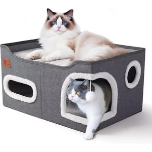 Cama Plegable para Gatos Pawfect con Tumbona Superior y Cueva Oculta, Cama Plegable para Mascotas Medianas, Rectangular, de Tela de Felpa, 15x22x14 - Product Image 1