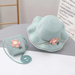 Chapeau de soleil en papyrus rayé de style coréen, sac bandoulière avec nœud papillon fleuri, mignon, respirant, pour enfants, voyage en plein air, pêche, quotidien - Product Image 1