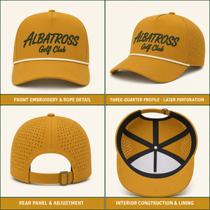 Casquette 5 panneaux jaune moutarde avec logo personnalisé, perforations laser, crème, pour putting, gazon, aigle, birdie, divot, <span class=keywords><strong>bunker</strong></span>, gorros - Product Image 2