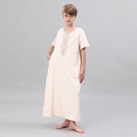 Thobe brodé pour garçons musulmans, manches courtes, Jubba pour enfants, robe islamique arabe beige, Dishdasha, vêtements pour Ramadan et l'Aïd