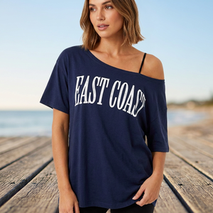 <b>Women's</b> Off-Shoulder T-Shirt <b>Navy</b> Blue Letter Print Loose Fit Polyester Knitted Eco-Friendly Breathable Spring Summer Casual <b>Top</b> - Product Image 3