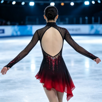 Robe de performance de patinage artistique à col roulé en maille à manches longues, dégradé noir et rouge, avec strass rouges et grand dos ouvert