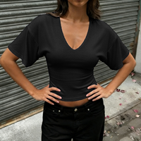 T-shirt essentiel à col en V pour femme, coupe slim décontractée d'été, manches courtes, tricoté avec impression numérique