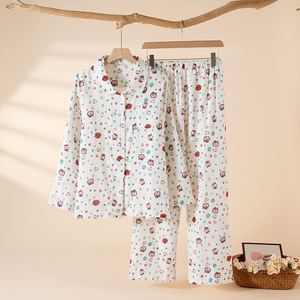 PJ-1474 Conjunto de pijama de manga larga con estampado de manzanas para mujer, ropa de casa de algodón, tela fina tejida - Product Image 1