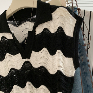 T-Shirt con collo <span class=keywords><strong>a</strong></span> Polo <span class=keywords><strong>a</strong></span> <span class=keywords><strong>righe</strong></span> ondulate in bianco <span class=keywords><strong>e</strong></span> nero camicetta da <span class=keywords><strong>donna</strong></span> Casual Chic senza maniche camicia elegante Top - Product Image 4