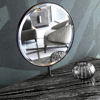 Espejo LED Circular con Base de Metal Curvada, Tapa de Mármol y Chapa de Madera, Escritorio de Maquillaje, Mueble de Dormitorio o Villa, Tocador
