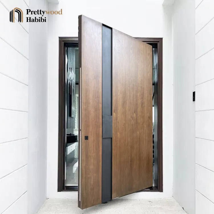 Prettywood Custom Made Extra Large Pivot Door Modern Flush Design in Solid Walnut Wood for Main Entrance Front Entry Doors