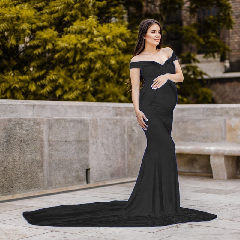 chinese dress ladies Momyknows Off Shoulder Ruched Flare Sleeve Mermaid Bodycon Fashion Photoshoot Baby Shower Maternity Maxi Dress Coffee / L