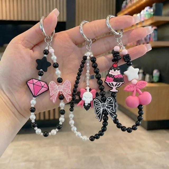 DIY Custom Y2K Pink Black Bow Cherry Tape Silicone Pearl Acrylic Beaded Phone Chain Wrist Lanyard 2 in 1 Keychain Bag Charm