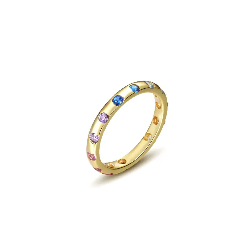Delicate S925 Sterling Silver Pave Full Rainbow Zircon Band Rings Chic Colorful Cubic Zirconia CZ Stacked 925 Pure Silver Ring